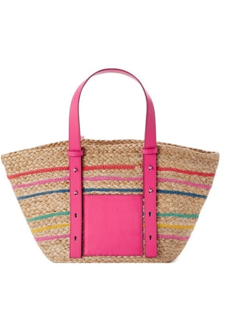 Time & Tru Natural Jute Braided Multi-Striped Pink Pocket Tote Bag